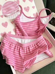 Teen Girl Striped Print Lettuce Trim Cami Top & Shorts PJ Set - Multicolor - View 4