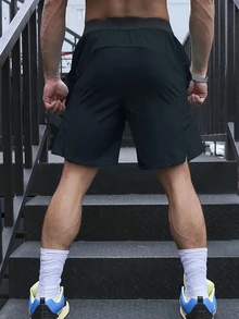 GymBeat 男士簡約印花日常運動短褲健身短褲短款男士短褲男士籃球短褲洗手液學校 - 黑色 - 查看 2