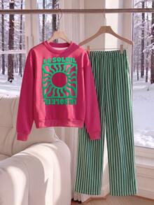 SHEIN 青少年女孩 T-shirt 套裝，粉綠白配色，短袖上衣 + 長褲 2 件套，寬鬆版型，冬季保暖，運動風，適合學生 - 彩色 - 查看 4