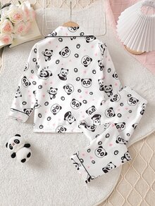 Young Girl Panda Heart Print Lapel Top And Long Pants Loungewear Pajama Set Autumn Fall Little Bride White Princess - White - View 3