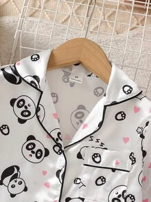 Young Girl Panda Heart Print Lapel Top And Long Pants Loungewear Pajama Set Autumn Fall Little Bride White Princess - White - View 4