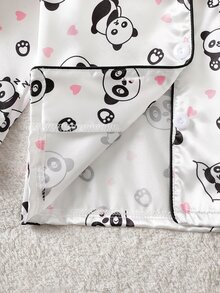 Young Girl Panda Heart Print Lapel Top And Long Pants Loungewear Pajama Set Autumn Fall Little Bride White Princess - White - View 7