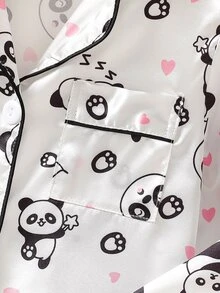 Young Girl Panda Heart Print Lapel Top And Long Pants Loungewear Pajama Set Autumn Fall Little Bride White Princess - White - View 5