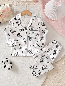 Young Girl Panda Heart Print Lapel Top And Long Pants Loungewear Pajama Set Autumn Fall Little Bride White Princess - White - View 2