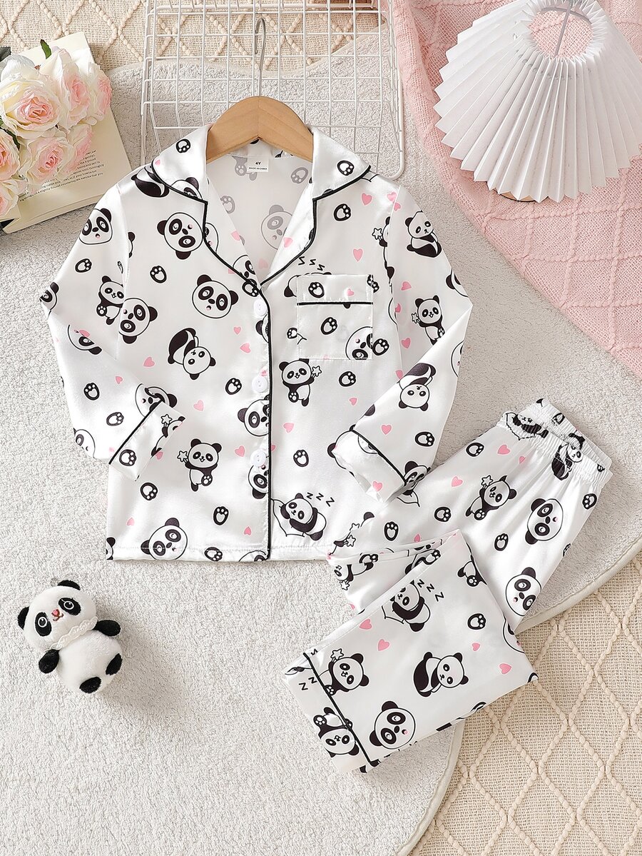 Young Girl Panda Heart Print Lapel Top And Long Pants Loungewear Pajama Set Autumn Fall Little Bride White Princess