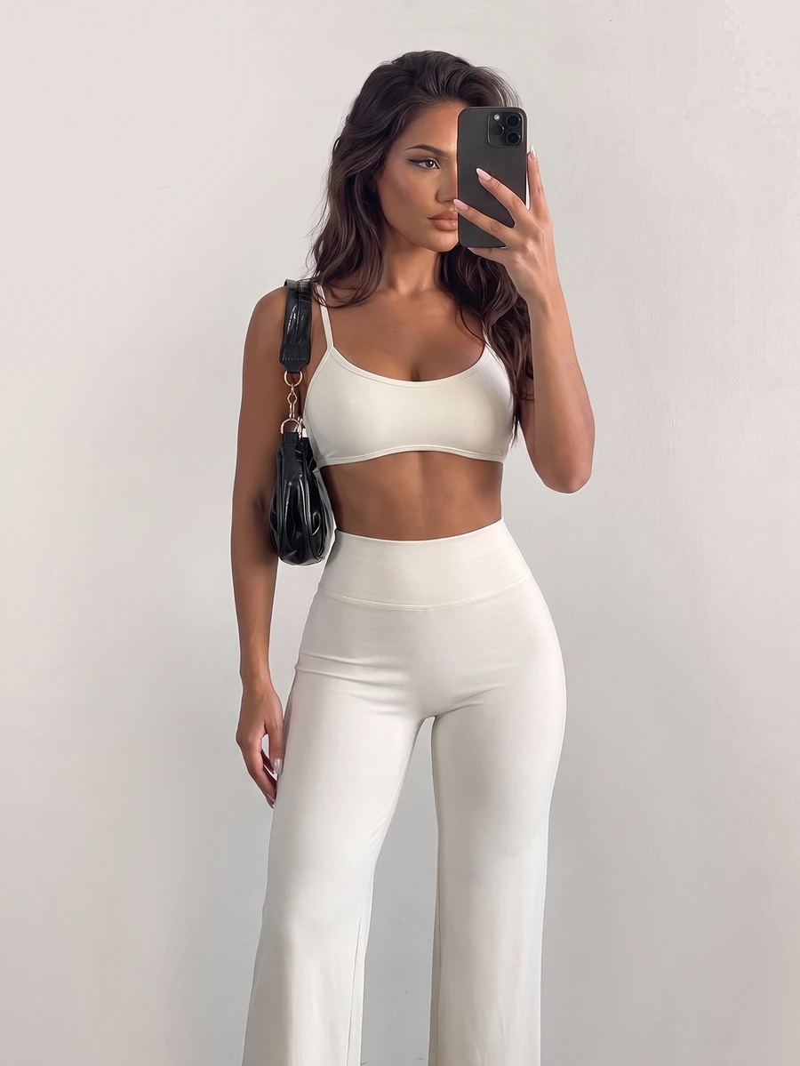 Sirith 2pcs Solid Color Halter Neck Sleeveless Tank Top & Wide Leg High Waist Long Pants Women's Sports Set - Beige - View 1
