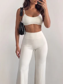 Sirith Set Olahraga Wanita 2 Potong: Atasan Tank Tanpa Lengan Leher Halter Warna Polos & Celana Panjang Pinggang Tinggi Lebar - Krem - View 1