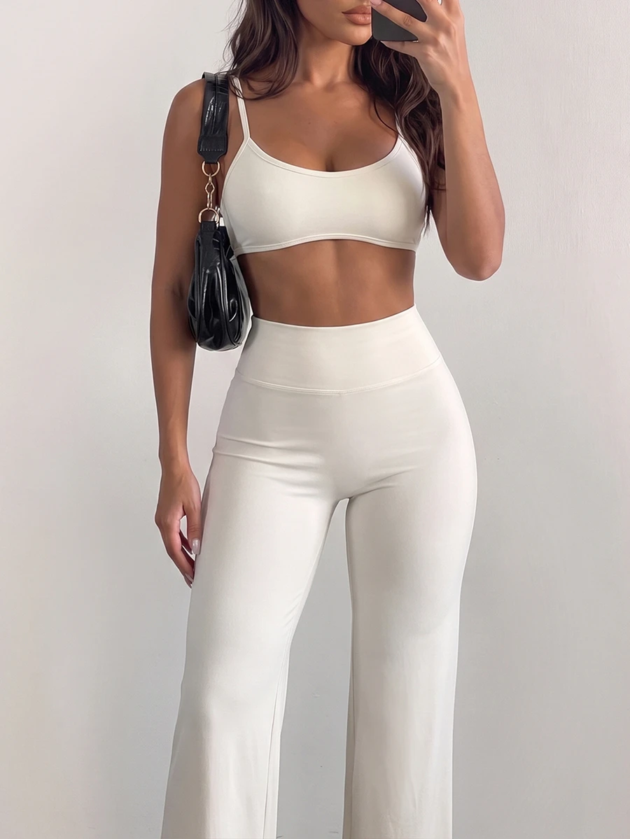 Sirith Set Olahraga Wanita 2 Potong: Atasan Tank Tanpa Lengan Leher Halter Warna Polos & Celana Panjang Pinggang Tinggi Lebar - Krem - View 1