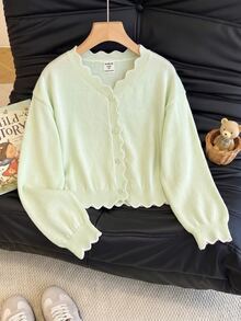 SHEIN Young Girl Wavy Edge Single-Breasted Casual Knit Cardigan Autumn Fall - Mint Green - View 9