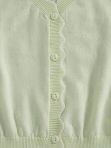 SHEIN Young Girl Wavy Edge Single-Breasted Casual Knit Cardigan Autumn Fall - Mint Green - View 5