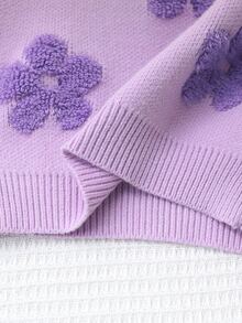 SHEIN Vintaside Kids 女童大童圓領紫色與淺紫色3D提花軟針織套頭上衣，可愛甜美極簡長袖，適合秋冬外出、派對、拍照與戶外玩耍 - 紫色 - 查看 8