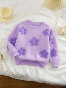 SHEIN Vintaside Kids 女童大童圓領紫色與淺紫色3D提花軟針織套頭上衣，可愛甜美極簡長袖，適合秋冬外出、派對、拍照與戶外玩耍 - 紫色 - 查看 3