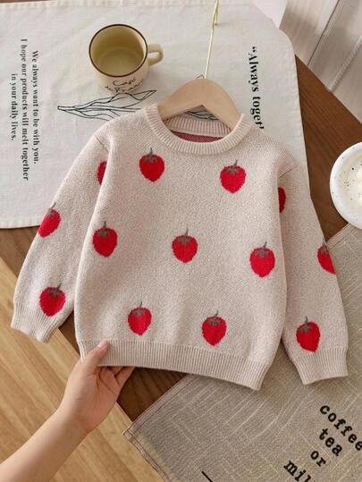 SHEIN Vintaside Kids Girls' Apricot Jacquard Strawberry Thick Knit Sweater, Soft Skin-Friendly Durable Vibrant Cute Round Neck Pullover Drop Shoulder Long Sleeve Design, Suitable For Autumn/Winter Daily Wear, Outings, Casual, School, Shopping And More
