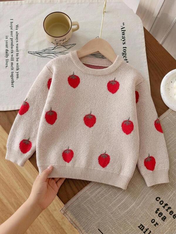SHEIN Vintaside Kids Girls' Apricot Jacquard Strawberry Thick Knit Sweater, Soft Skin-Friendly Durable Vibrant Cute Round Neck Pullover Drop Shoulder Long Sleeve Design, Suitable For Autumn/Winter Daily Wear, Outings, Casual, School, Shopping And More