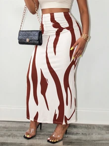 BamGleam Ladies Fashionable Color-Blocking Printed Mermaid Skirt Women Fall For Women - Coffee Brown - View 5
