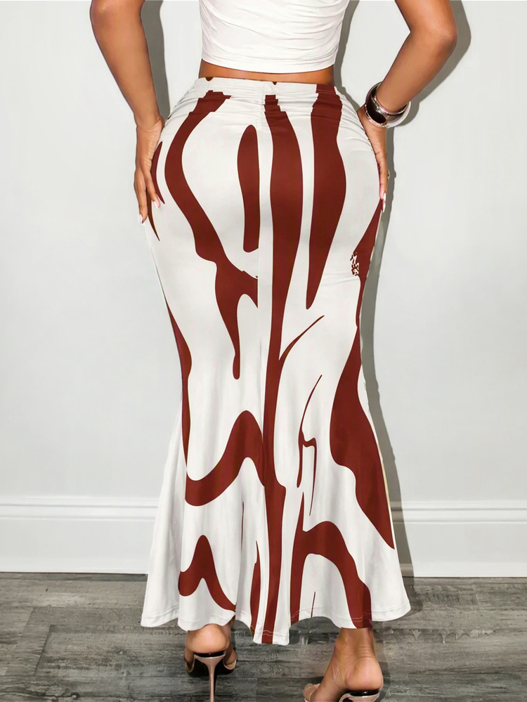 BamGleam Ladies Fashionable Color-Blocking Printed Mermaid Skirt Women Fall For Women - Coffee Brown - View 2