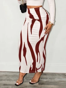 BamGleam Ladies Fashionable Color-Blocking Printed Mermaid Skirt Women Fall For Women - Coffee Brown - View 3