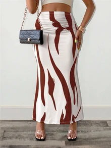 BamGleam Ladies Fashionable Color-Blocking Printed Mermaid Skirt Women Fall For Women - Coffee Brown - View 4