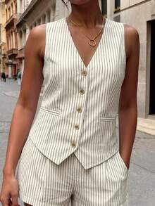 INAWLY Women's Casual Elegant Black And White Striped Single-Breasted Vest Set With Loose Shorts, Suitable For Brunch, City Day Trips, Office And Date Summer - Black and White - View 4