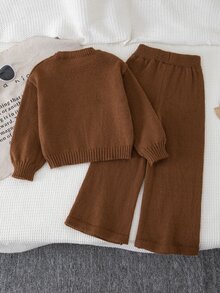SHEIN Vintaside Kids 女童純色圓領長袖上衣與長褲休閒針織套裝，秋季款 - 棕色 - 查看 2