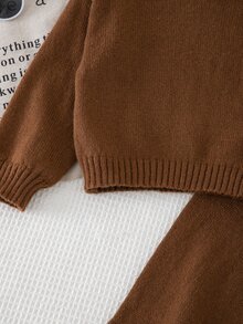 SHEIN Vintaside Kids 女童純色圓領長袖上衣與長褲休閒針織套裝，秋季款 - 棕色 - 查看 4