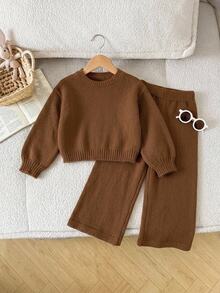 SHEIN Vintaside Kids 女童純色圓領長袖上衣與長褲休閒針織套裝，秋季款 - 棕色 - 查看 9