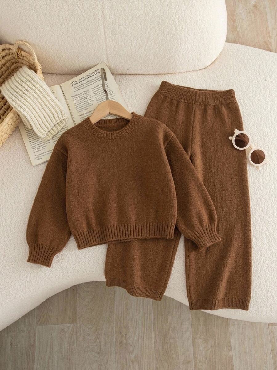 SHEIN Vintaside Kids 女童純色圓領長袖上衣與長褲休閒針織套裝,秋季款 - 棕色 - 查看 1