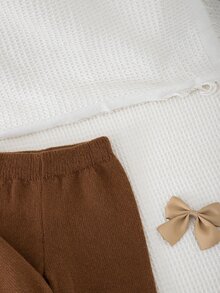 SHEIN Vintaside Kids 女童純色圓領長袖上衣與長褲休閒針織套裝，秋季款 - 棕色 - 查看 8
