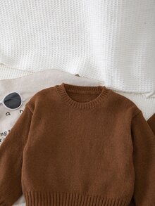 SHEIN Vintaside Kids 女童純色圓領長袖上衣與長褲休閒針織套裝，秋季款 - 棕色 - 查看 5