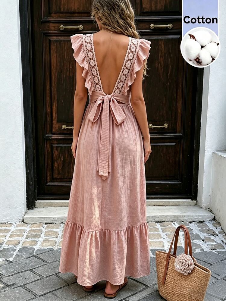 Cévolie Guipure Lace Panel Ruffle Trim Tie Backless Dress Brunch Vacation Dusty Pink Summer Boho - Dusty Pink - View 2