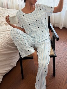 Napfluff Striped Heart Print Top And Pants Pajama Set - Multicolor - View 4