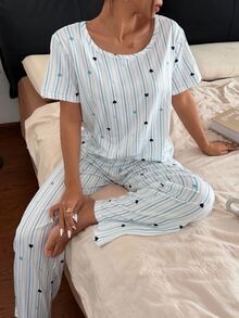 Napfluff Striped Heart Print Top And Pants Pajama Set - Multicolor - View 3