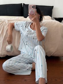 Napfluff Striped Heart Print Top And Pants Pajama Set - Multicolor - View 6
