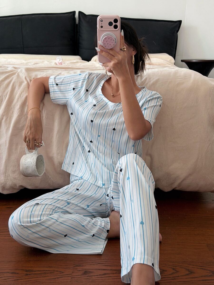 Napfluff Striped Heart Print Top And Pants Pajama Set - Multicolor - View 1