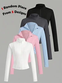 SHEIN Kids Teen Girl Fall Casual Basic Daily Wear Sports Wear Stretchy White Bustier Turtle Neck Yoga Jacket, 1 Random Piece From 5 Designs - White - View 1