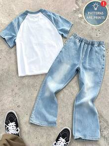 Tween Boys Letter Frayed‑Effect Print Raglan Short‑Sleeve Tee Denim Effect Wide‑Leg Pants 2‑Piece Baggy Outfit White Black Summer - Multicolor - View 2