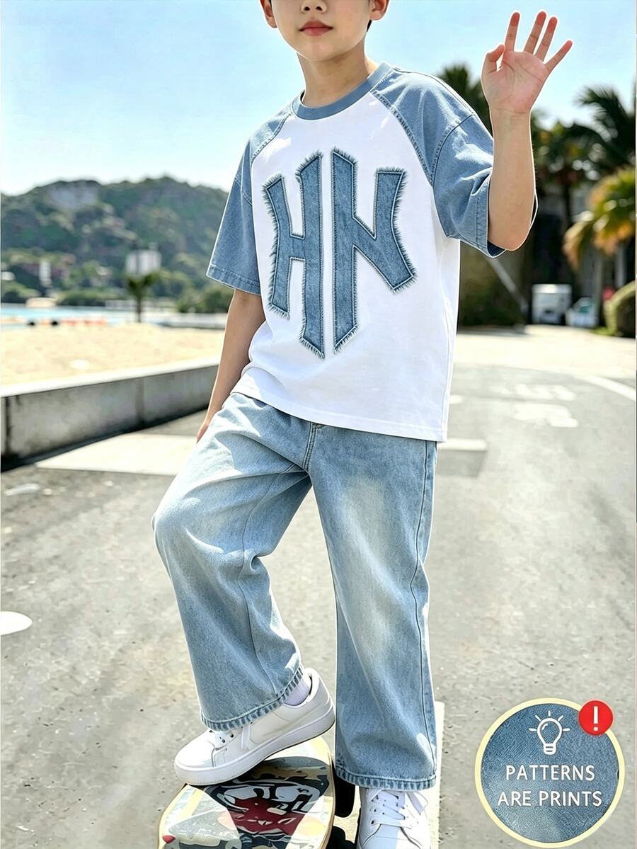 Tween Boys Letter Frayed‑Effect Print Raglan Short‑Sleeve Tee Denim Effect Wide‑Leg Pants 2‑Piece Baggy Outfit White Black Summer - Multicolor - View 1