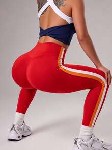 Easithlete Easithlete 1pc Women's Red Colorblock Tight Leggings - Multicolor - View 2
