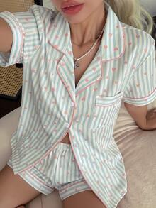 Dream Adore Striped Heart Print Lapel Collar Women's Pajama Set 2pcs - Multicolor - View 3