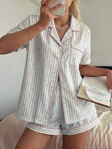 Dream Adore Striped Heart Print Lapel Collar Women's Pajama Set 2pcs - Multicolor - View 4