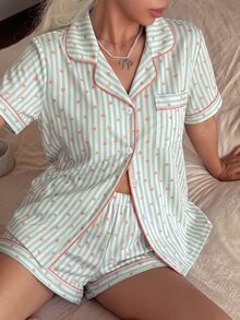 Dream Adore Striped Heart Print Lapel Collar Women's Pajama Set 2pcs - Multicolor - View 6