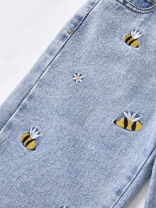 少女時尚雪花水洗蜜蜂與花朵刺繡寬腿牛仔褲 秋季 - 藍色 - 查看 8