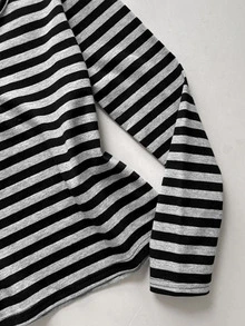 SHEIN 兒童青少年女孩休閒街頭風黑灰條紋半開扣U領修身長袖百搭T恤，返校季 1Random 3 - 灰色 - 查看 5