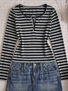 SHEIN 兒童青少年女孩休閒街頭風黑灰條紋半開扣U領修身長袖百搭T恤，返校季 1Random 3 - 灰色 - 查看 8