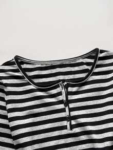 SHEIN 兒童青少年女孩休閒街頭風黑灰條紋半開扣U領修身長袖百搭T恤，返校季 1Random 3 - 灰色 - 查看 4