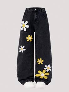 SHEIN ChillGRL Tween Girl New Fashion Snowflake Washed Distressed Embroidered Wide Leg Jeans Summer School Light Grey Cute - Black - View 3