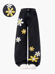 SHEIN ChillGRL Tween Girl New Fashion Snowflake Washed Distressed Embroidered Wide Leg Jeans Summer School Light Grey Cute - Black - View 7