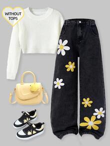 SHEIN ChillGRL Tween Girl New Fashion Snowflake Washed Distressed Embroidered Wide Leg Jeans Summer School Light Grey Cute - Black - View 1