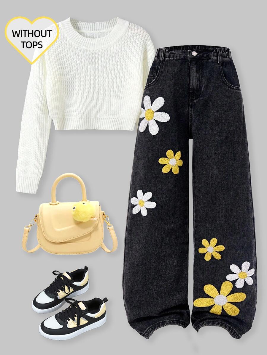 SHEIN ChillGRL Tween Girl New Fashion Snowflake Washed Distressed Embroidered Wide Leg Jeans Summer School Light Grey Cute - Black - View 1