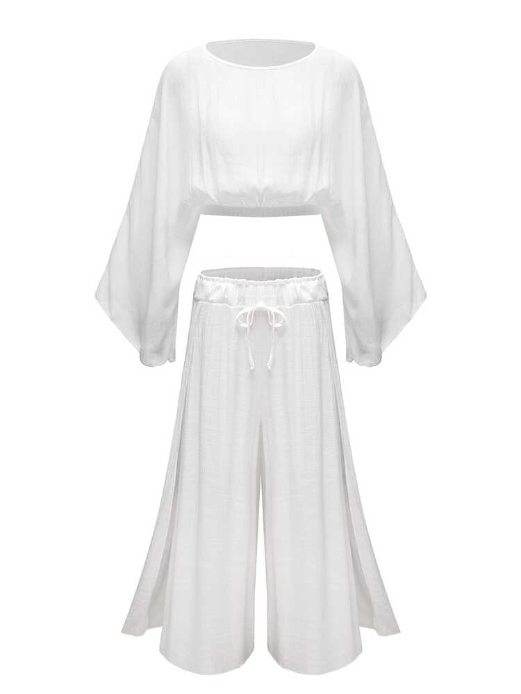 Swim Lushoire Plus Size Loose Kimono Cover Up Set, Vacation Style - White - View 6